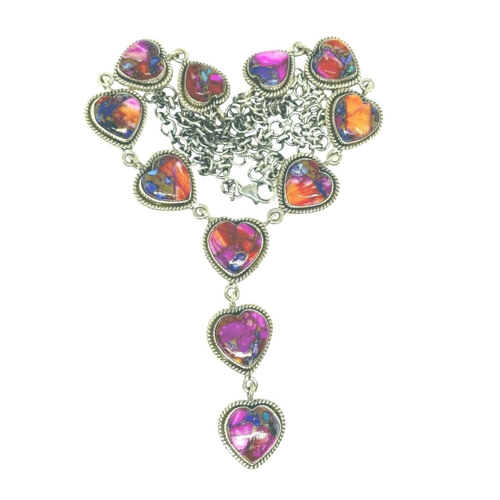 Spiny Oyster Heart Sterling Silver Necklace 24" Multicolor Pendant Chain